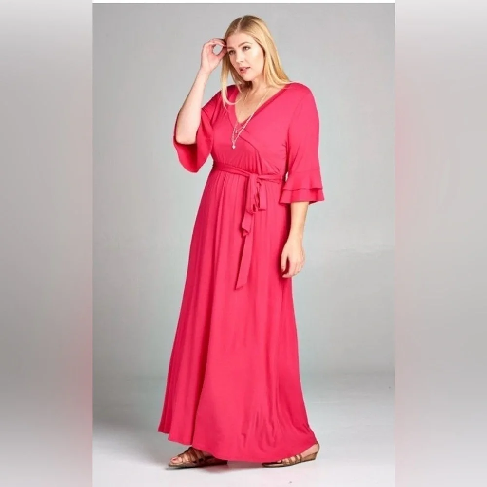 New!Plus Size Solid Jersey Knit Maxi Dress with Faux Sizes 1X 2X 3X Made…